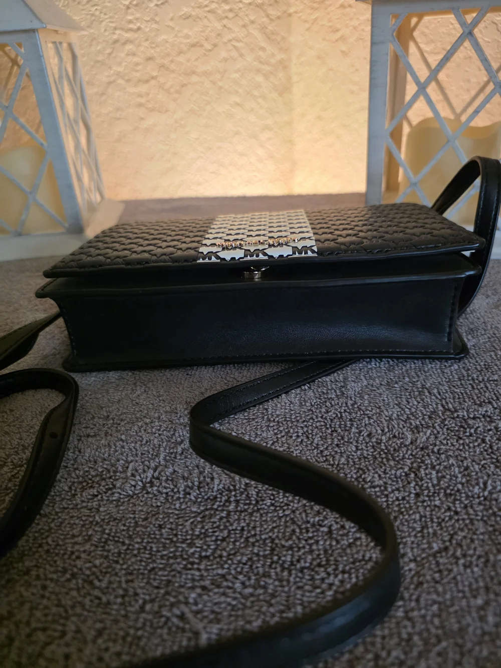 Michael Kors Black Crossbody with White MK Stripe